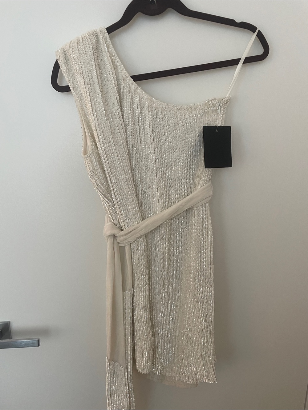 Retrofete Ivory One-Shoulder Sequin Cocktail Dress